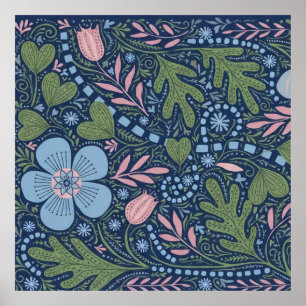 Poster Arte Popular Floral Elegante Padrão Botânico Vinta