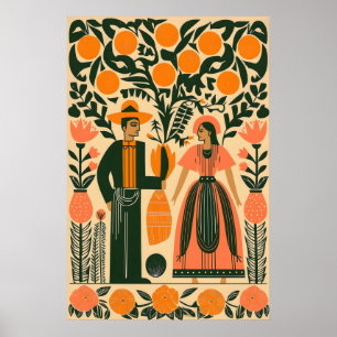 Poster Arte Popular Mexicana Casal Sob a Árvore de Laranj