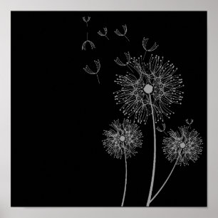 Póster Arte preta e branca da flor de Dandelion