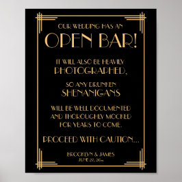 Póster Arte Preta E Dourada Deco Gatsby Bar Aberto Sinal