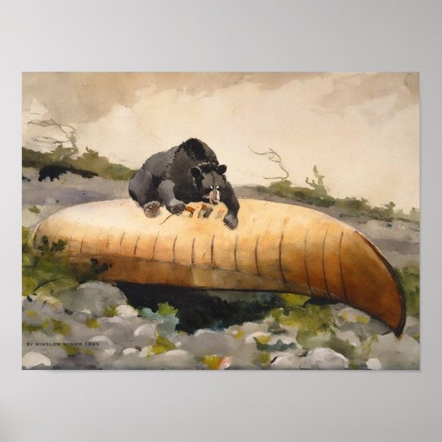 Poster Arte Retro da Natureza Urso com uma Canoa (Frente)