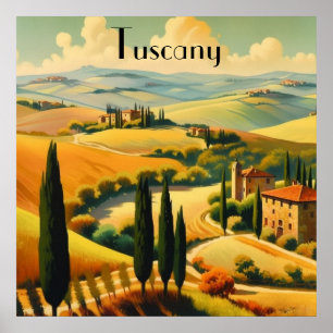 Poster Arte Retro da Paisagem Rural da Toscana Itália