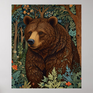 Poster Arte retrô de urso marrom boho floresta