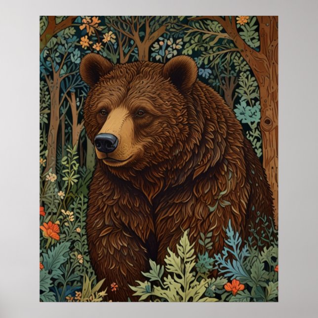 Poster Arte retrô de urso marrom boho floresta (Frente)