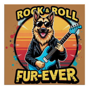Póster Arte Retro do pôr do sol do Pastor Alemão de Rock