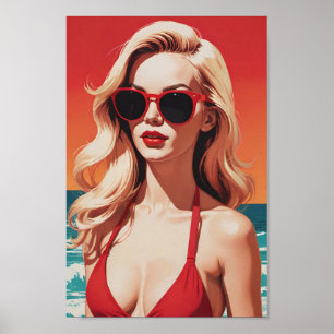 Poster Arte retrô-Pop: Na moda-loira em Red Bikini