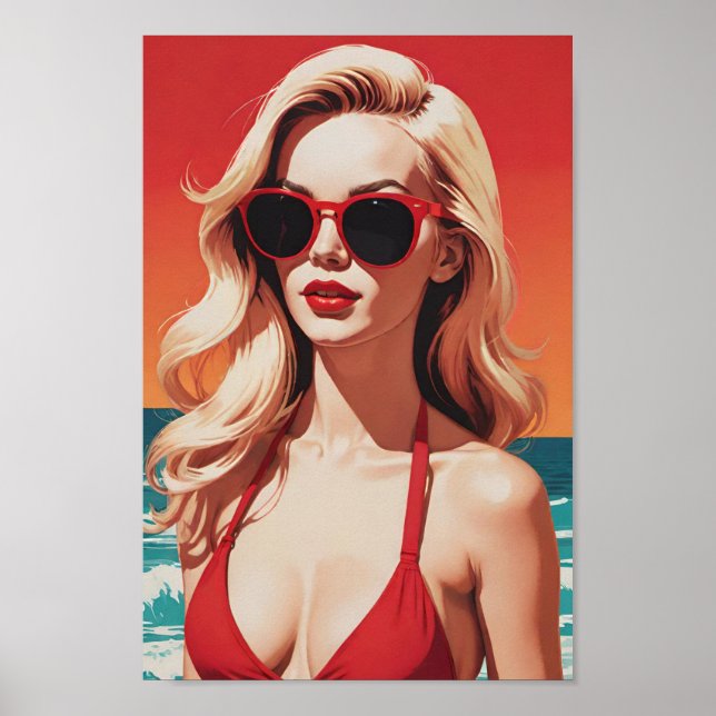Poster Arte retrô-Pop: Na moda-loira em Red Bikini (Frente)