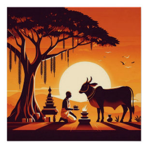 Póster Arte Ritual Puja da Vaca Hindu Laranja Pôr do Sol