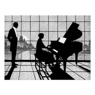 Póster Arte Silhueta de Piano Estilo Art Déco   Preto e B