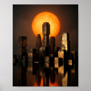 Poster Arte Texturizado de Paisagem Urbana com Sol Laranj
