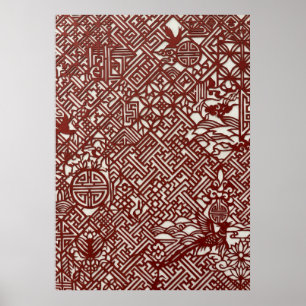 Poster Arte Tradicional Chinês em Papel Recortado Vermelh