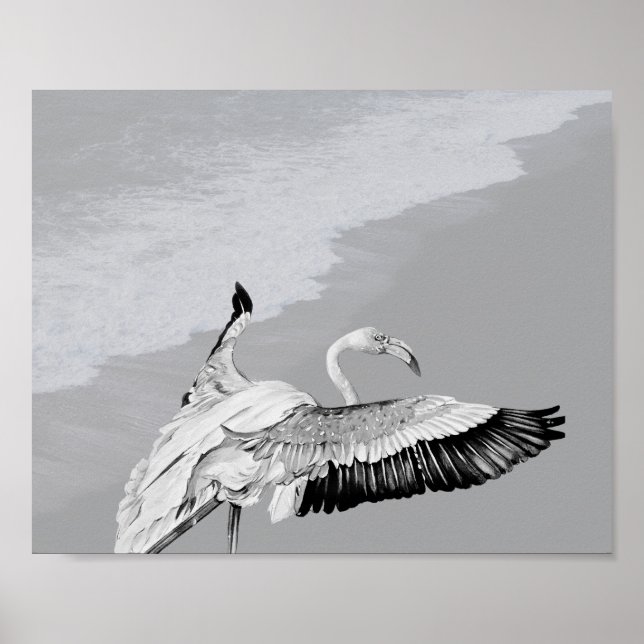 Poster Arte Tropical de Flamingo Branco e Preto (Frente)