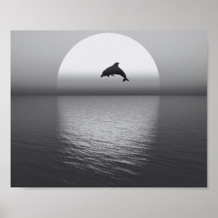 Poster Arte tropical de golfinho preto e branco