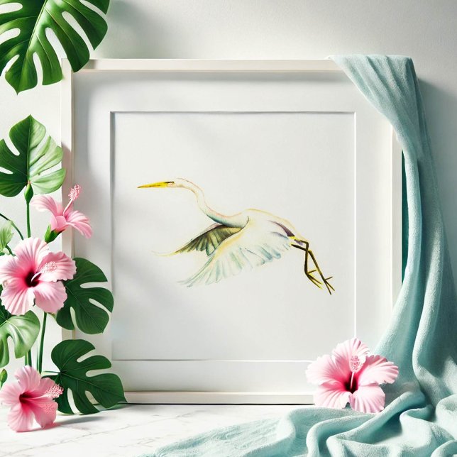 Poster Arte tropical do Herão Branco excelente (beach art great white heron watercolor painting by Victoria Grigaliunas. Order prints.)