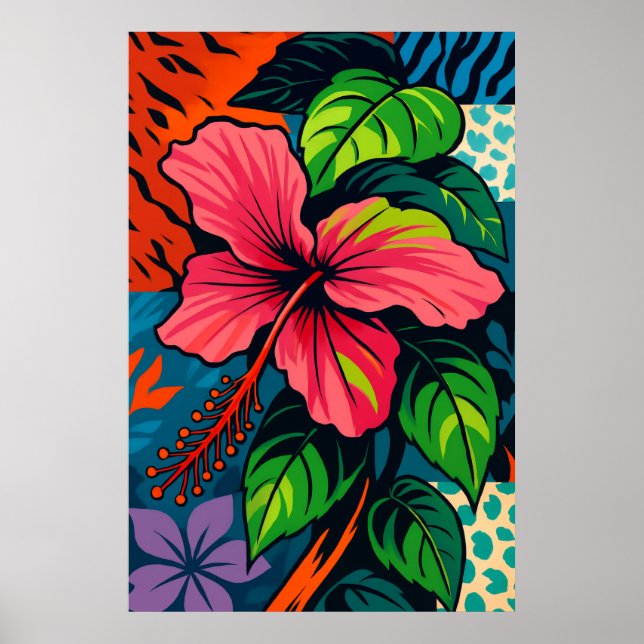 Poster Arte Tropical Rosa Hibiscus Flor (Frente)