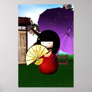 Póster Arte vermelha da boneca de Kokeshi