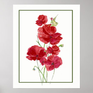 Póster Arte vermelha do jardim das papoilas & do colibri