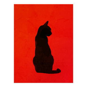 Póster Arte Vermelha Moderna Silhueta de Gato Preto Minim