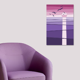 Poster Arte Vetorial de Aves Marinhas Rosa Roxo ao Pôr do