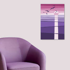 Poster Arte Vetorial de Aves Marinhas Rosa Roxo ao Pôr do