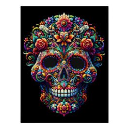 Póster Arte vibrante de crânio de açúcar floral