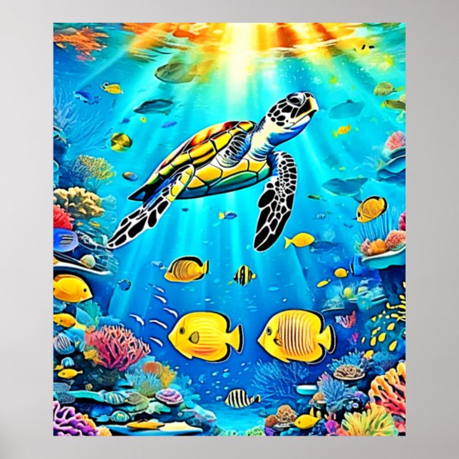 Poster Arte Vibrante de Recife de Tartaruga Marinha (Frente)