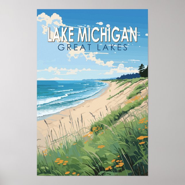 Poster Arte Vintage de Viagem do Lago Michigan (Frente)
