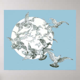 Póster Arte Vintage Nouveau Rebanho de Pássaros com Lua C