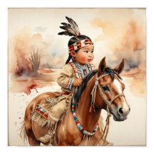 Arte Western Vintage Nativo Americano Bebê a Caval