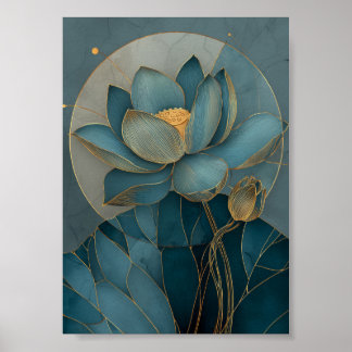 Poster Arte Zen Geométrica de Linha Flor de Lótus Dourada