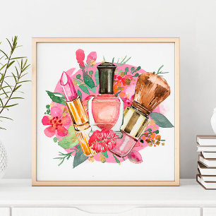 Poster Artista de Maquiagem Rosa Moderno Aquarela Chic Fe