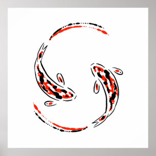 Poster Artista de Peixe Koi Negro e Vermelho
