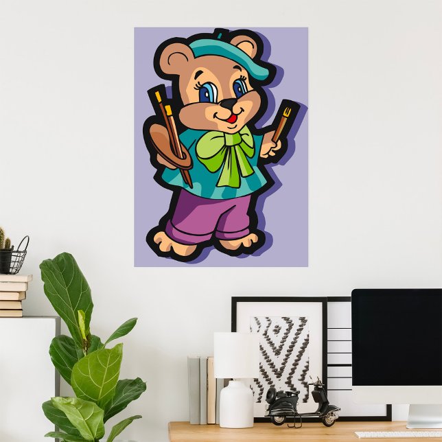 Poster Artista de Ursinho de Pelúcia com Boina e Pincéis (Criador carregado)