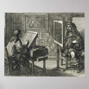 Póster Artista pintando um retrato sobre uma grade para p