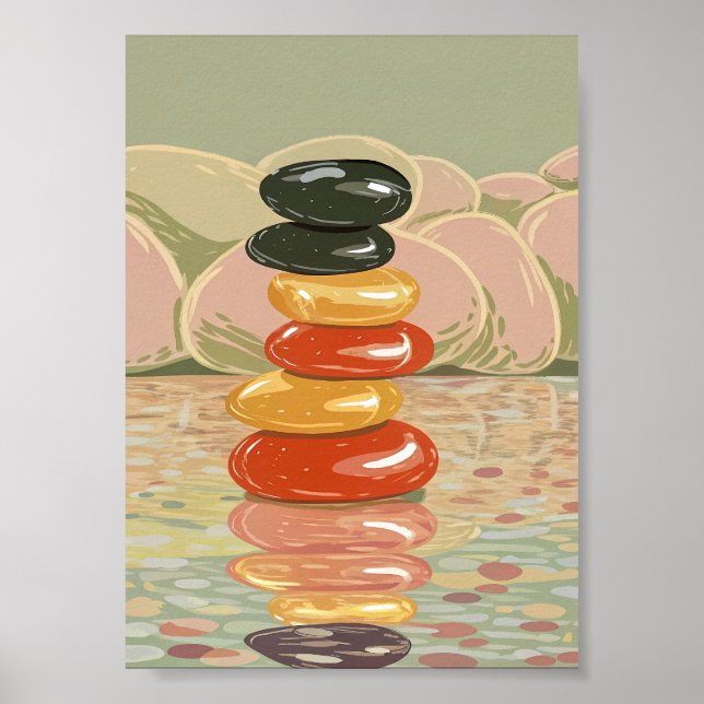 Poster Artistic Zen Stone Stack Polished Pebbles  (Frente)