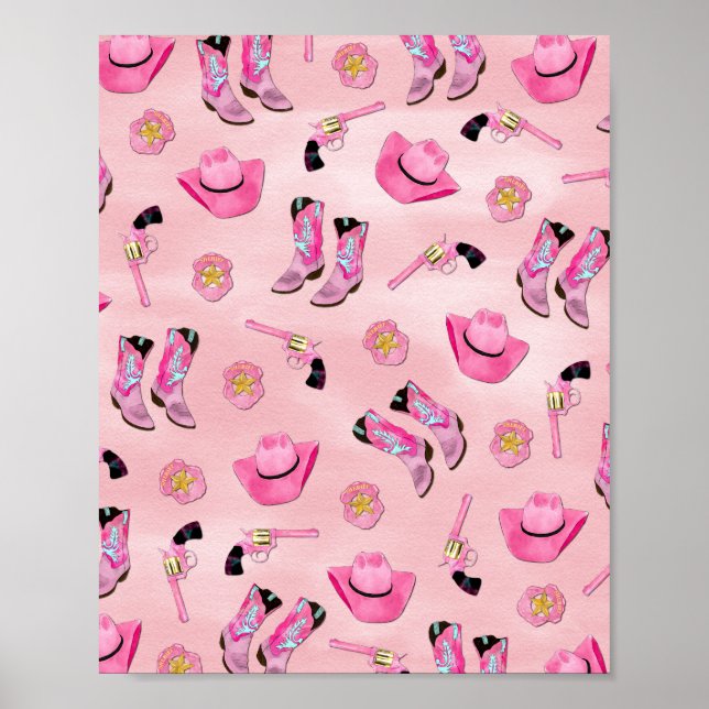 Poster Artsy Cute Girly Pink Teal Cowgirl Watercolor (Frente)