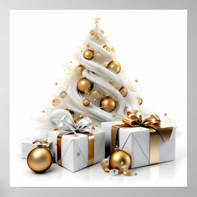 Poster Árvore abstrato de natal branco com sotaque dourad (Frente)