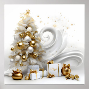 Poster Árvore abstrato de natal branco com sotaque dourad