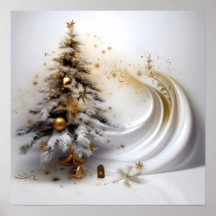 Poster Árvore abstrato de natal branco com sotaque dourad