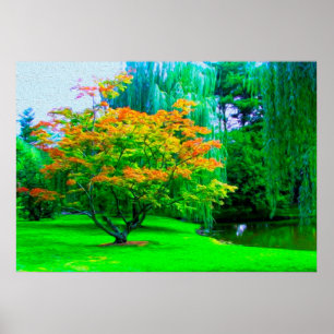 Poster Árvore alaranjada da flor do rio pequeno e grama