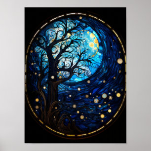 Poster Árvore ao Luar em Vidro Pintado Arte Celestial