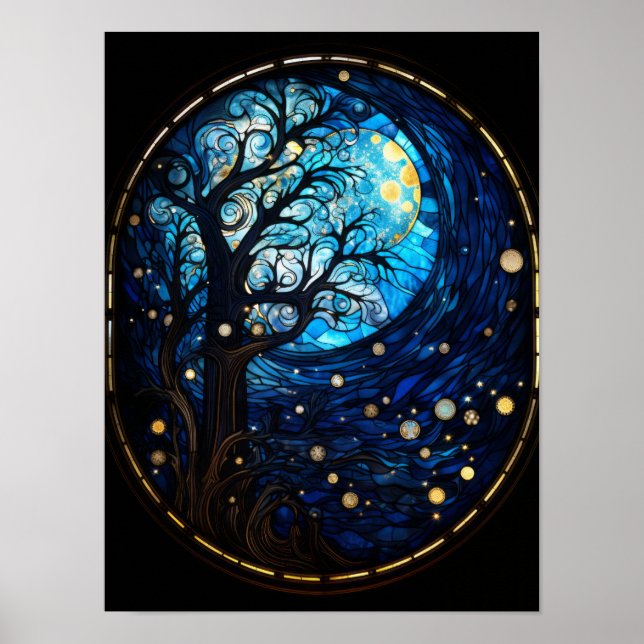 Poster Árvore ao Luar em Vidro Pintado Arte Celestial (Frente)