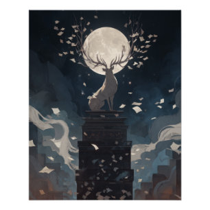 Póster Árvore ao Luar Florescendo na Torre da Cidade