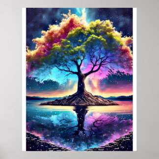 Poster Árvore Arco-Íris Fantástica na Ilha – Céu Noturno
