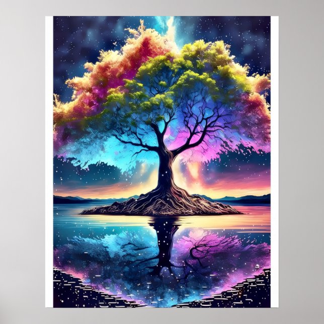 Poster Árvore Arco-Íris Fantástica na Ilha – Céu Noturno  (Frente)