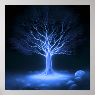 Poster Árvore brilhante de ramificações vazias - Azul esc