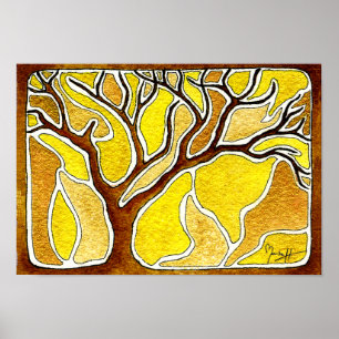 Póster Árvore da caneta e da tinta da aguarela - ouro