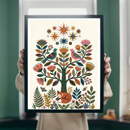 Poster Árvore da Vida Arte Folclórica Boho Pavão Poste Ce