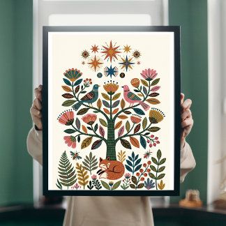 Poster Árvore da Vida Arte Folclórica Boho Pavão Poste Ce