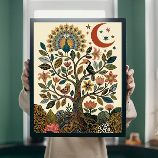Poster Árvore da Vida Arte Folclórica Boho Pavão Poste Ce